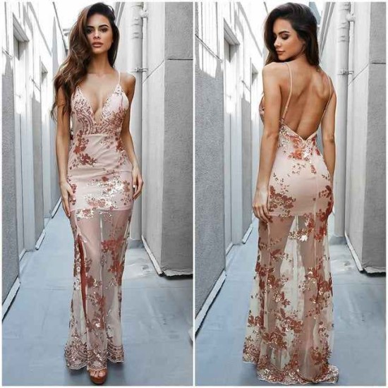 Chic V-neck Sleeveless Prom Dresses Sheath Open Back Sequins Long Evening Dress
