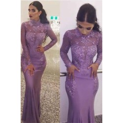 Gorgeous Wholesale High Neck Elegant Long Sleevess Evening Dresses Fit and Flare Appliques Prom Dresses