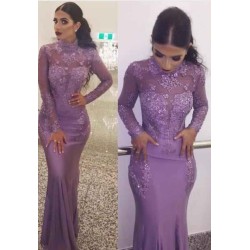 Gorgeous Wholesale High Neck Elegant Long Sleevess Evening Dresses Fit and Flare Appliques Prom Dresses