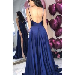 Chic Navy Blue Backless Simple Evening Dresses Spaghetti Straps Prom Dresses On Sale with Chic high Split