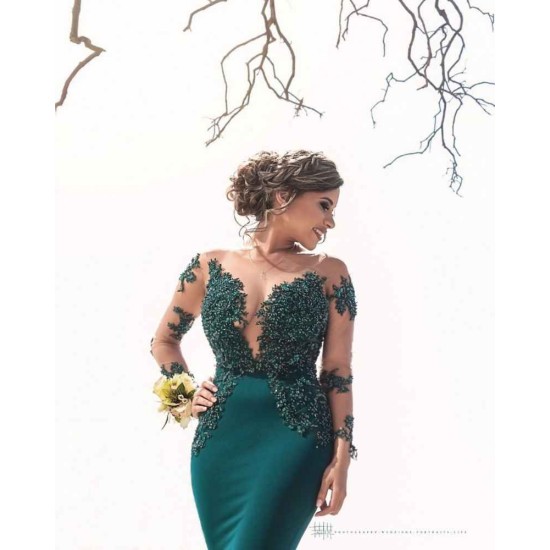 Classic Illusion neck Long Sleeves Blue Lace Appliques Prom Party Gowns with Chapel Train