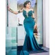 Classic Illusion neck Long Sleeves Blue Lace Appliques Prom Party Gowns with Chapel Train