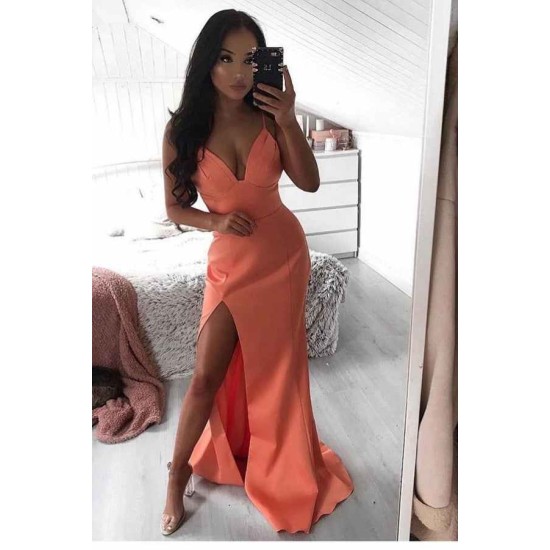 Simple Spaghetti strap Watermelon Chic High split Prom Party Gowns