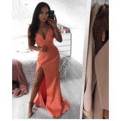 Simple Spaghetti strap Watermelon Chic High split Prom Party Gowns