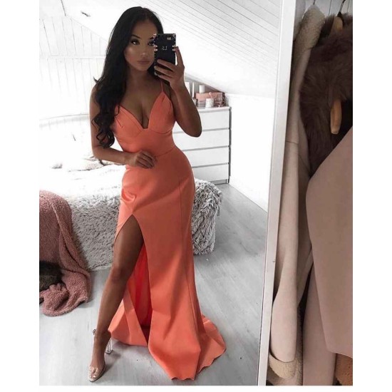 Simple Spaghetti strap Watermelon Chic High split Prom Party Gowns