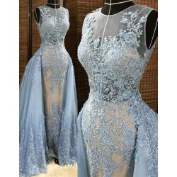Gorgeous Column Sleleveless Long Evening Dresses Lace Appliques Beading Chic Prom Party Gowns with Overskirt