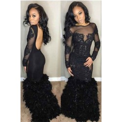 Chic Black Mermaid Prom Party Gowns| Long Sleeves Lace Evening Gowns