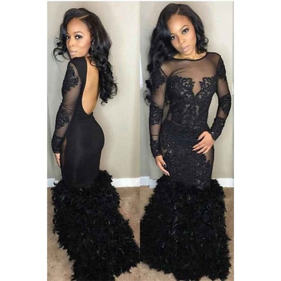 Chic Black Mermaid Prom Party Gowns| Long Sleeves Lace Evening Gowns