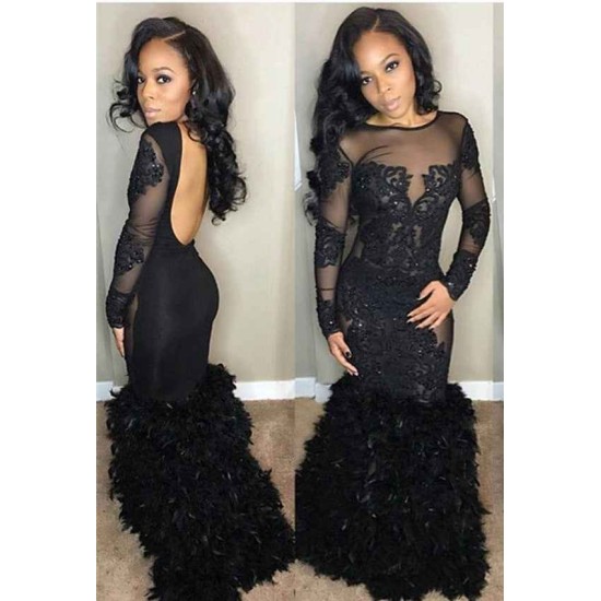 Chic Black Mermaid Prom Party Gowns| Long Sleeves Lace Evening Gowns