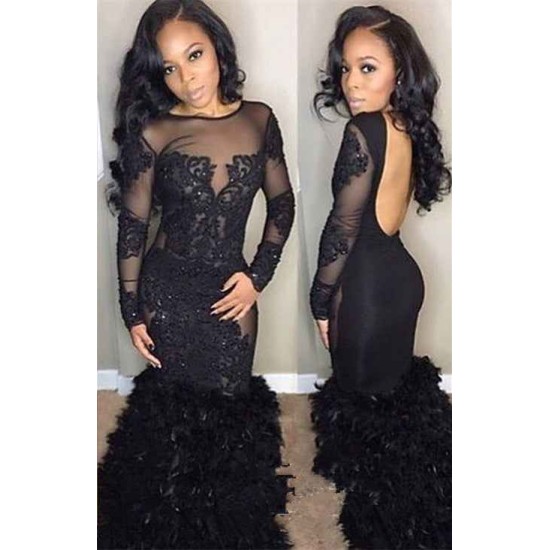 Chic Black Mermaid Prom Party Gowns| Long Sleeves Lace Evening Gowns