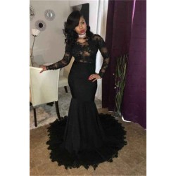 Chic black lace prom dress, Long Sleeves mermaid party dress