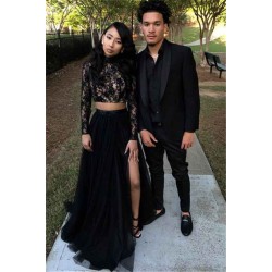 Two Piece Long Sleeves Evening Gown Black Chic Slit Lace Prom Party Gowns