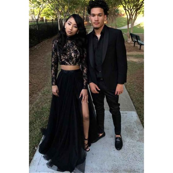 Two Piece Long Sleeves Evening Gown Black Chic Slit Lace Prom Party Gowns