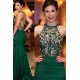 Chic Sleeveless Round Neck Beading Prom Dresses With Open Back Dark Green Evening Gowns