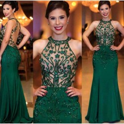 Chic Sleeveless Round Neck Beading Prom Dresses With Open Back Dark Green Evening Gowns