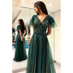 Dark Green Princess Short Sleeves Long Prom Dresses V-Neck Lace Evening Dresses with Soft Pleats