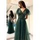 Dark Green Princess Short Sleeves Long Prom Dresses V-Neck Lace Evening Dresses with Soft Pleats