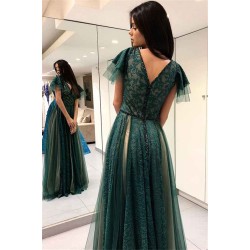 Dark Green Princess Short Sleeves Long Prom Dresses V-Neck Lace Evening Dresses with Soft Pleats