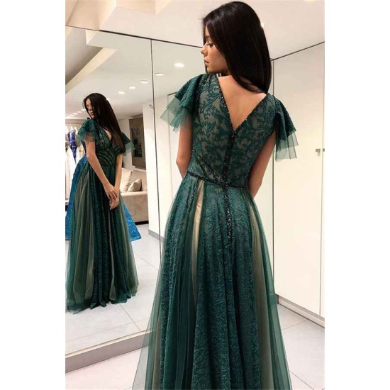 Dark Green Princess Short Sleeves Long Prom Dresses V-Neck Lace Evening Dresses with Soft Pleats