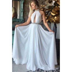 High Neck Sleeveless Chiffon Evening Dresses Open Back Beading Chic Prom Party Gowns