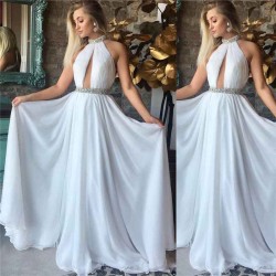 High Neck Sleeveless Chiffon Evening Dresses Open Back Beading Chic Prom Party Gowns