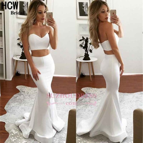 White Two Piece Formal Evening Dresses Mermaid Sweetheart Sleeveless Front Slit Prom Party Gowns