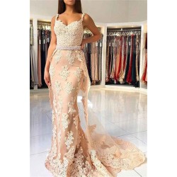 Alluring Elegant Lace Spaghetti Strap Chic Mermaid Prom Dresses Sleeveless Evening Dresses with Over-skirt