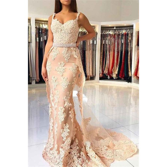 Alluring Elegant Lace Spaghetti Strap Chic Mermaid Prom Dresses Sleeveless Evening Dresses with Over-skirt