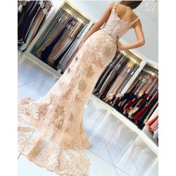 Alluring Elegant Lace Spaghetti Strap Chic Mermaid Prom Dresses Sleeveless Evening Dresses with Over-skirt