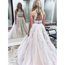 Gorgeous Halter Two Piece Applique Prom Dresses Elegant Lace Up Crystal Evening Dresses with Beads