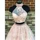 Gorgeous Halter Two Piece Applique Prom Dresses Elegant Lace Up Crystal Evening Dresses with Beads