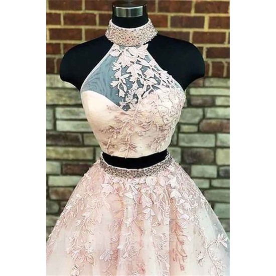 Gorgeous Halter Two Piece Applique Prom Dresses Elegant Lace Up Crystal Evening Dresses with Beads