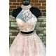 Gorgeous Halter Two Piece Applique Prom Dresses Elegant Lace Up Crystal Evening Dresses with Beads