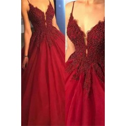 Gorgeous Spaghetti Strap Beads Prom Dresses Red Elegant Lace Puffy Ball Gown Evening Dresses