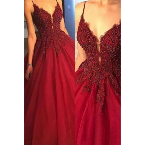 Gorgeous Spaghetti Strap Beads Prom Dresses Red Elegant Lace Puffy Ball Gown Evening Dresses