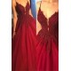 Gorgeous Spaghetti Strap Beads Prom Dresses Red Elegant Lace Puffy Ball Gown Evening Dresses