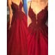 Gorgeous Spaghetti Strap Beads Prom Dresses Red Elegant Lace Puffy Ball Gown Evening Dresses