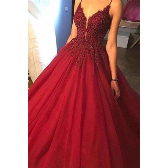 Gorgeous Spaghetti Strap Beads Prom Dresses Red Elegant Lace Puffy Ball Gown Evening Dresses