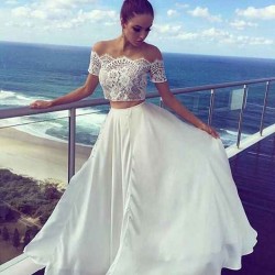 Elegant Two Pieces Lace Prom Party GownsChiffon Short Sleeve Evening Dress