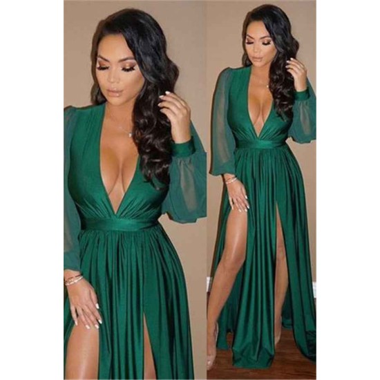 Elegant V-Neck Long Sleeves Prom Party GownsGreen Split Long Evening Gowns