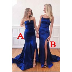 Chic Royal Blue Backless High Split Mermaid Prom Party Gowns with Chapel Train