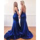 Chic Royal Blue Backless High Split Mermaid Prom Party Gowns with Chapel Train