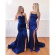 Chic Royal Blue Backless High Split Mermaid Prom Party Gowns with Chapel Train