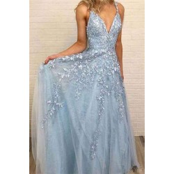 Sky Blue Lace Prom Dresses Deep V-neck A Line Long Party Elegant Floor Length Women Evening Gowns