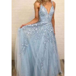 Sky Blue Lace Prom Dresses Deep V-neck A Line Long Party Elegant Floor Length Women Evening Gowns