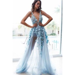 Romantic Sky Blue Deep V-neck A-line See-through Chic Backless Sleeveless Prom Party Gowns