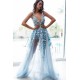 Romantic Sky Blue Deep V-neck A-line See-through Chic Backless Sleeveless Prom Party Gowns