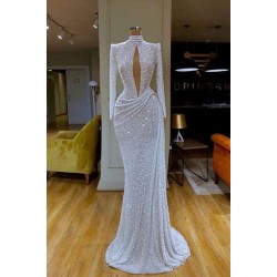 Stunning Long Sleeve High Neck Sequins Prom Dress Mermaid Long