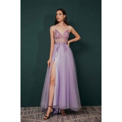 Sparkle Lilac Tulle High-split Spaghetti Strap Prom Dress