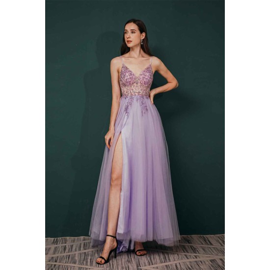 Sparkle Lilac Tulle High-split Spaghetti Strap Prom Dress